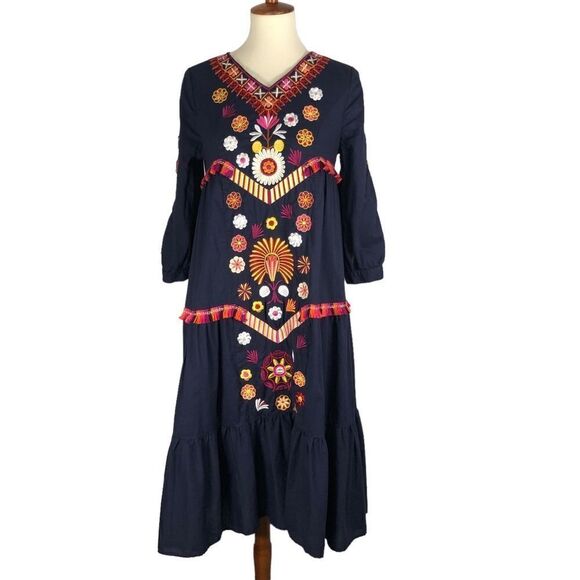 Floryday EMBROIDERY Midi Dress Tiered with Tassels Navy Size Small - Picture 1 of 11